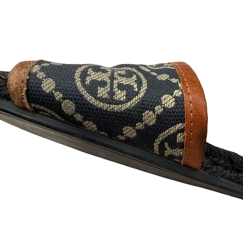 Tory Burch T Monogram‎ Espadrille Slides Size 6 Logo Sandals Navy Tan